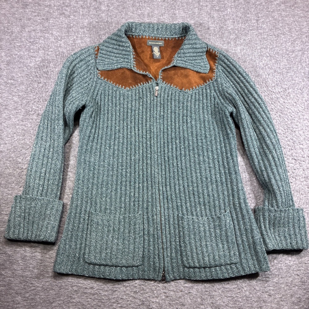 Banana Republic Full Zip Sweater Womens Medium Green Lambswool Suede Trim Jacket
